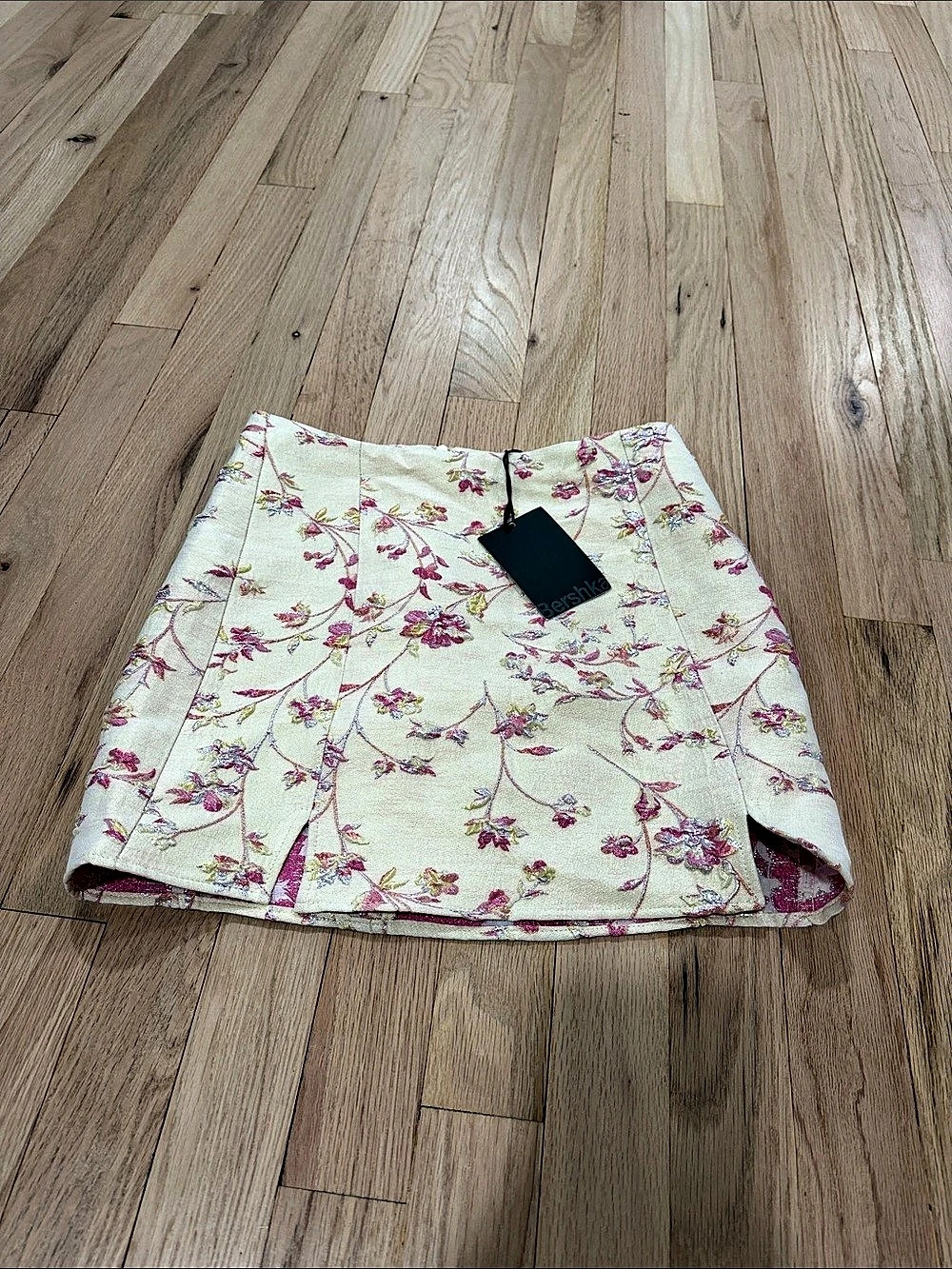 Bershka Floral Mini Skirt with Split Hem in Pink & Cream